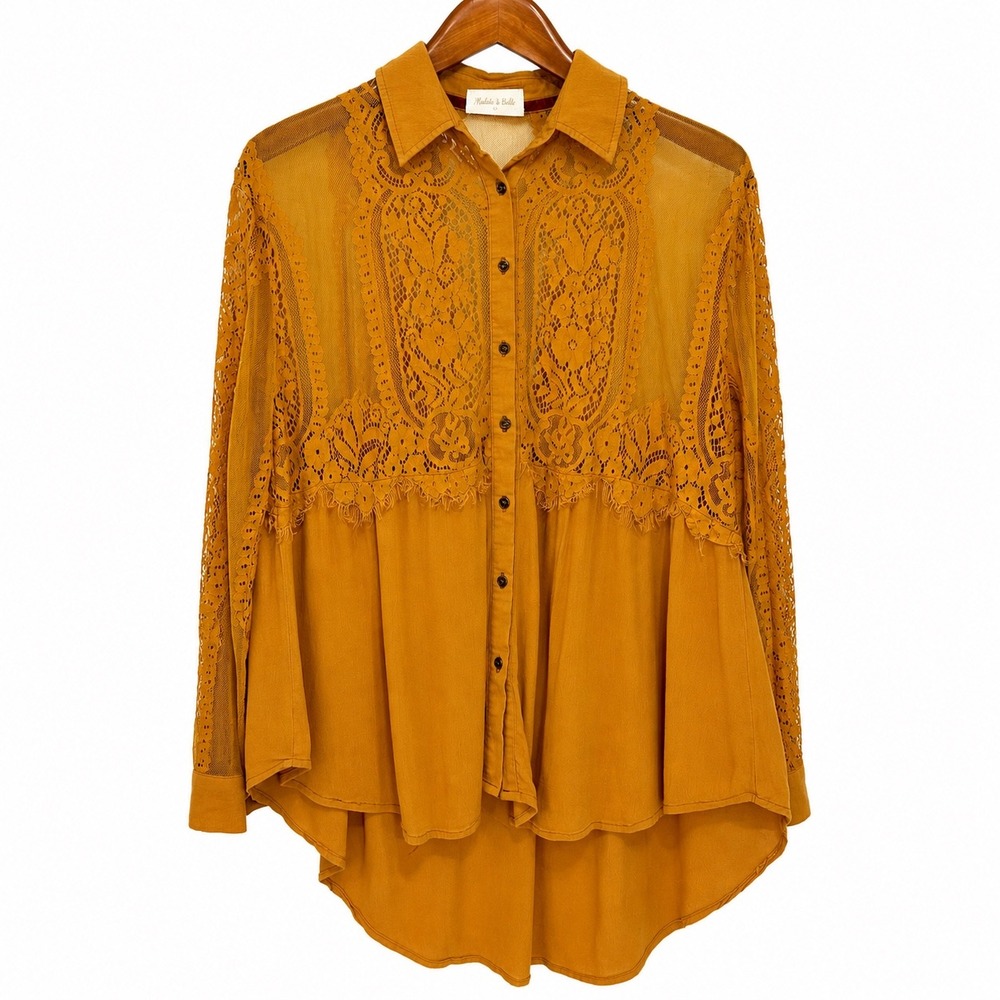 Altar'd State Mustard Yellow Lace Mesh High Low Button Down Blouse Womens Medium